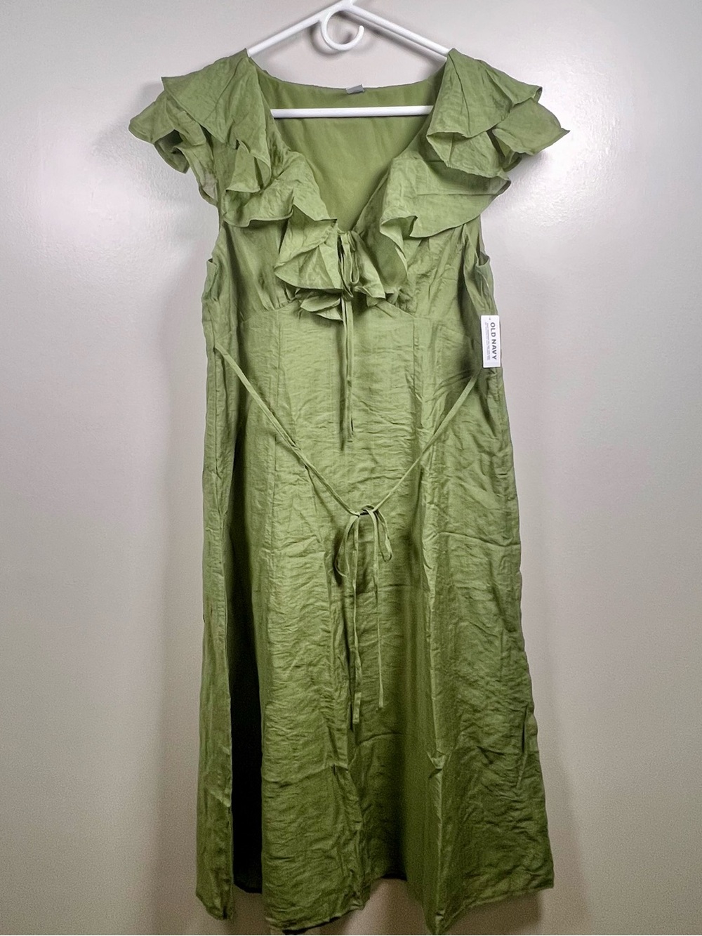 Old Navy Women’s Medium Olive Green Ruffle Sleeve Tie Waist Midi Dress